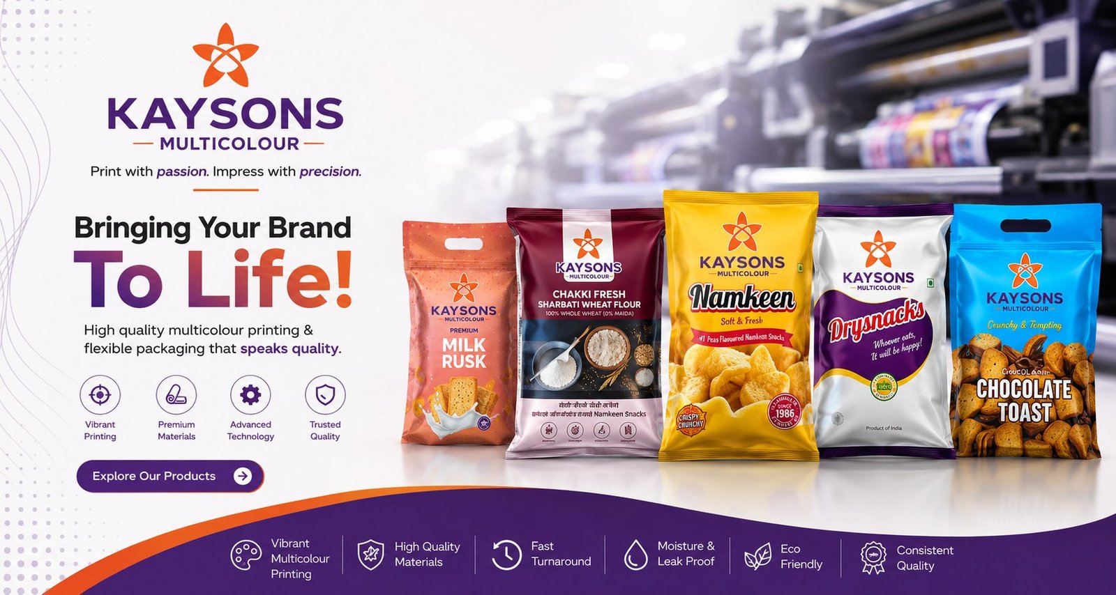 Kaysons Multicolour &mdash; bringing your brand to life. High quality multicolour printing and flexible packaging, shown on printed pouches for milk rusk, chakki fresh wheat flour, namkeen, drysnacks and chocolate toast.